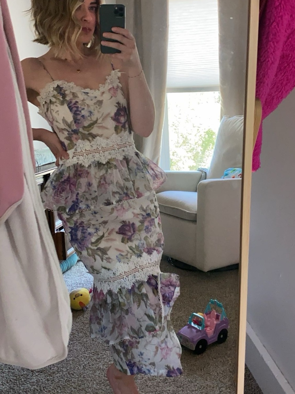 V. Chapman Cream Floral Midi Dress with Purple & Green Blooms